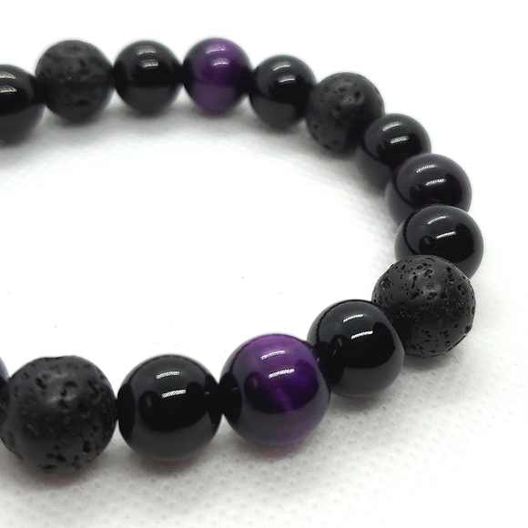Bracelet Triple Protection Healing Stones Obsidian, Purple Tiger Eye, Lava - Picture 7 of 14